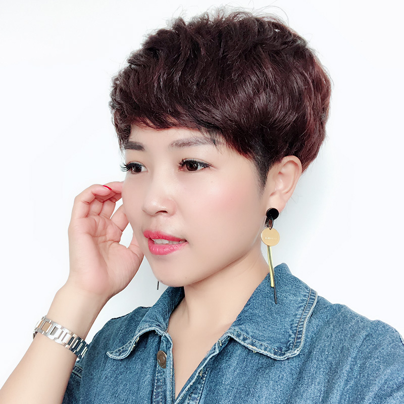 尚新精品真人发丝整顶发套中老年女士短卷发手织斜刘海假发
